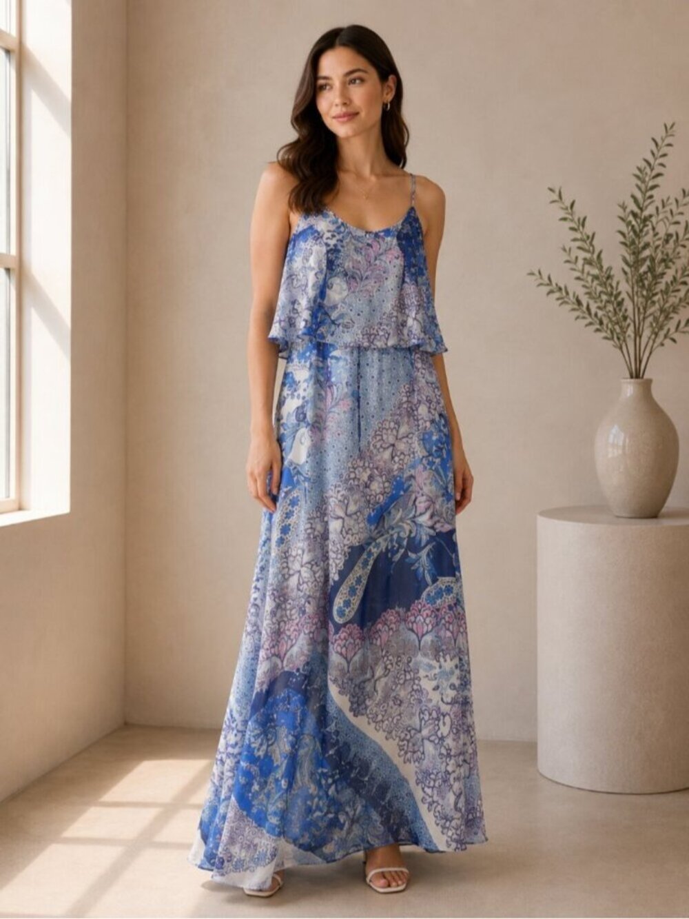 Massimo Dutti Blue White Scarf Print Maxi Dress Spaghetti Strap Resort 0301